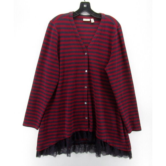 LOGO Lori Goldstein Sweater XL Red Cardigan Button Up Striped Lace - Picture 1 of 11
